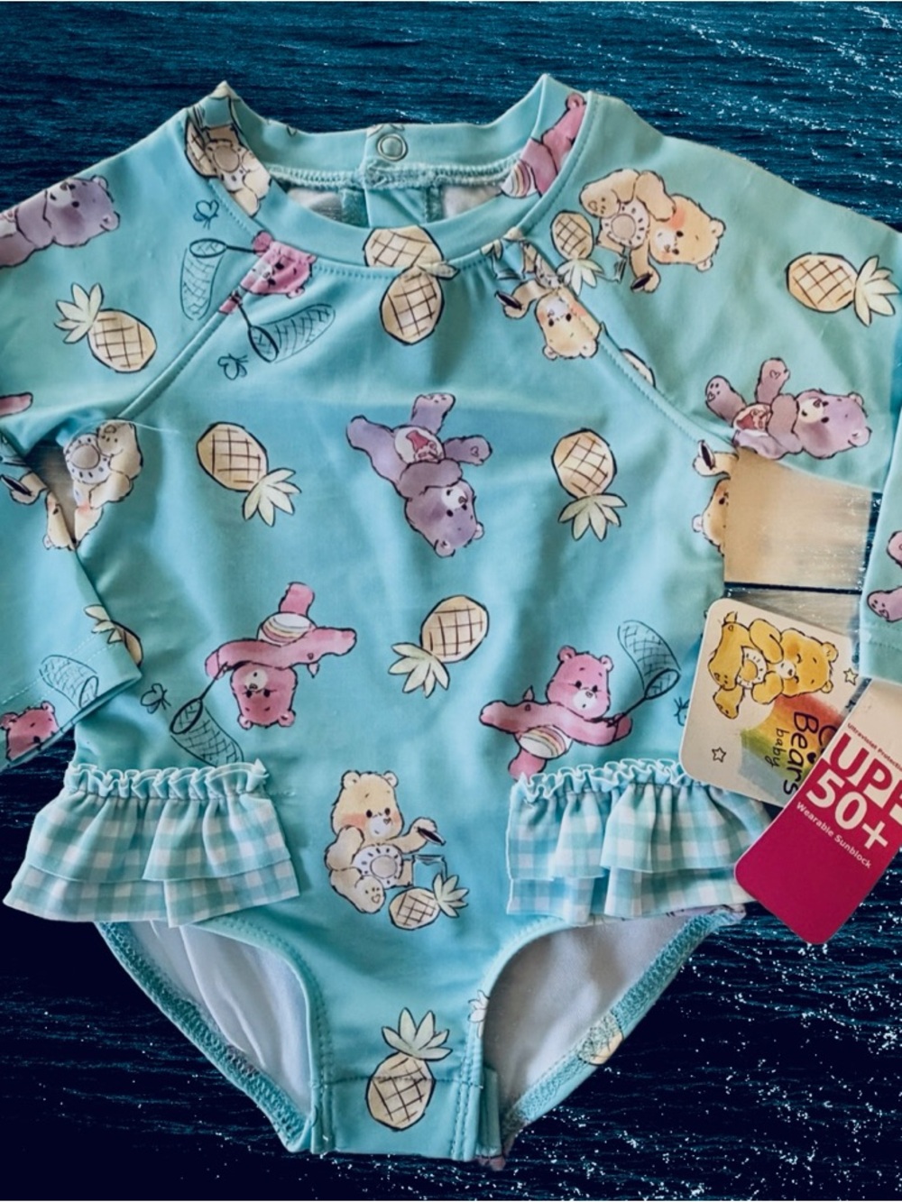 NWT Care Bears Bathing Swim Suit Long Sleeves UPF 50+ 6/9m Snap Crotch Ruffled